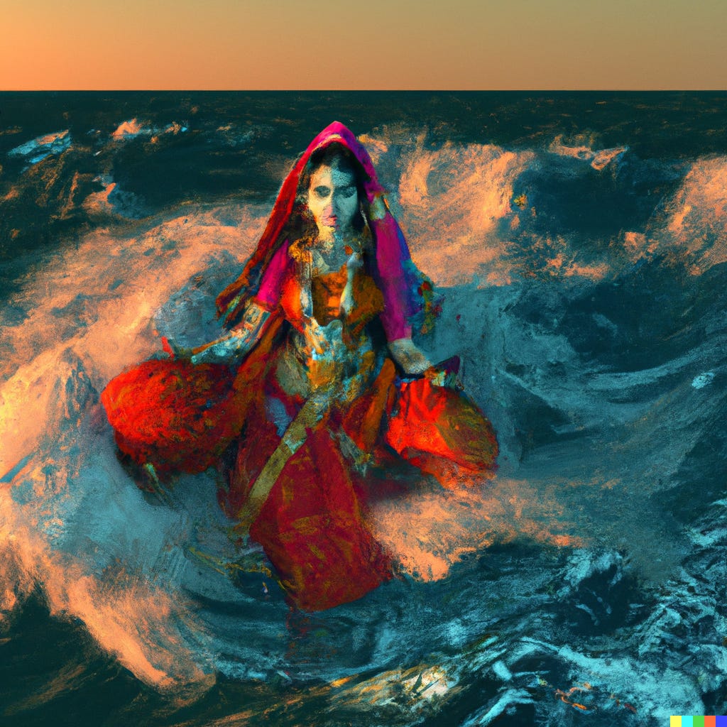 A blue-skinned woman sits in the turquoise ocean waves wearing a red sari with orange and pink undertones. The sky shows a dim orange color of sunset and the orange cast of light from that sunset comes from the left side of the picture, off screen.