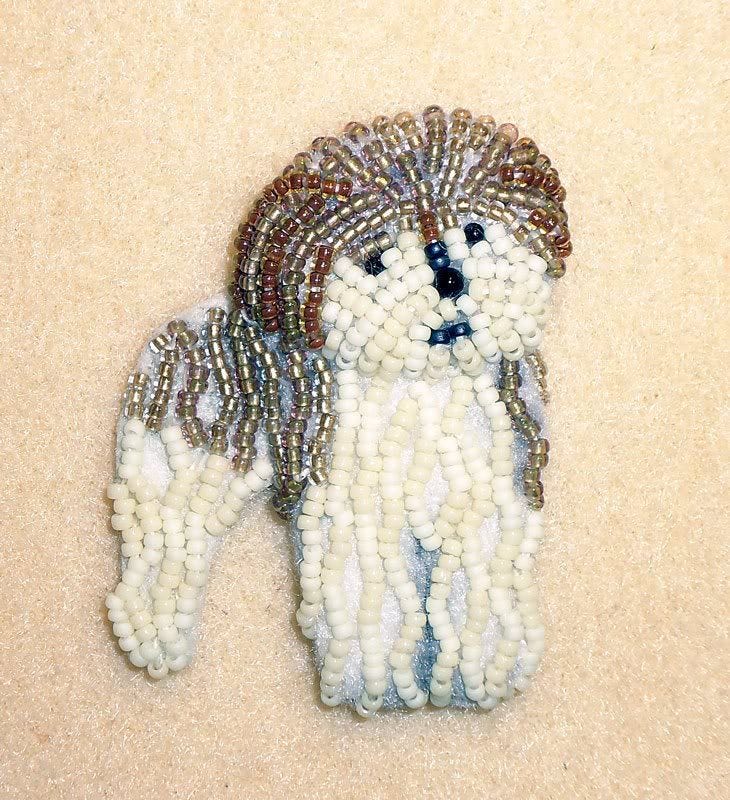 Fluffy dog half poodle beaded pet pin pendant Etsy custom bead embroidery art beadwork 