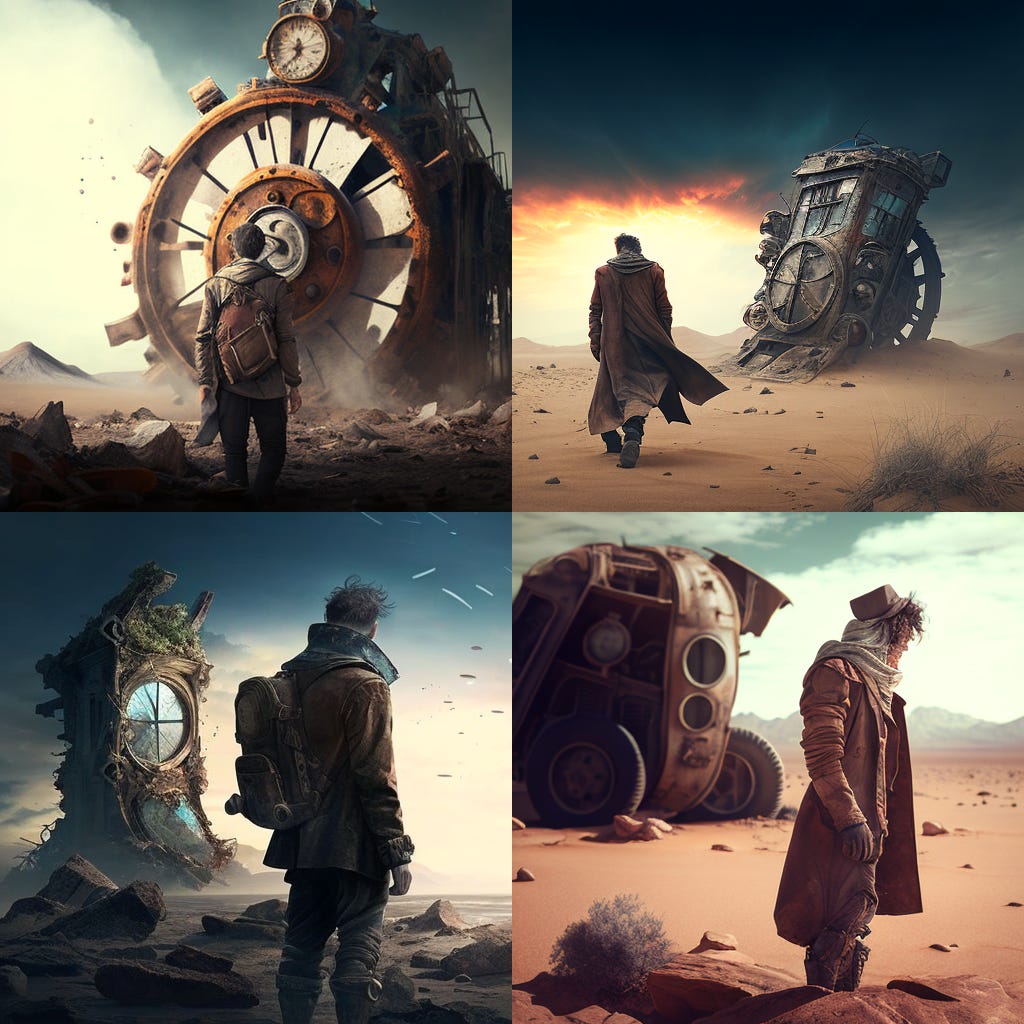 set of 4 images of a time traveller stepping out into a barren wasteland, dystopian future.