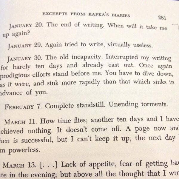 Excerpts from Kafka’s diaries. (via Matt Haig on Twitter)
See also: Excerpts from John Steinbeck’s diary while writing The Grapes of Wrath