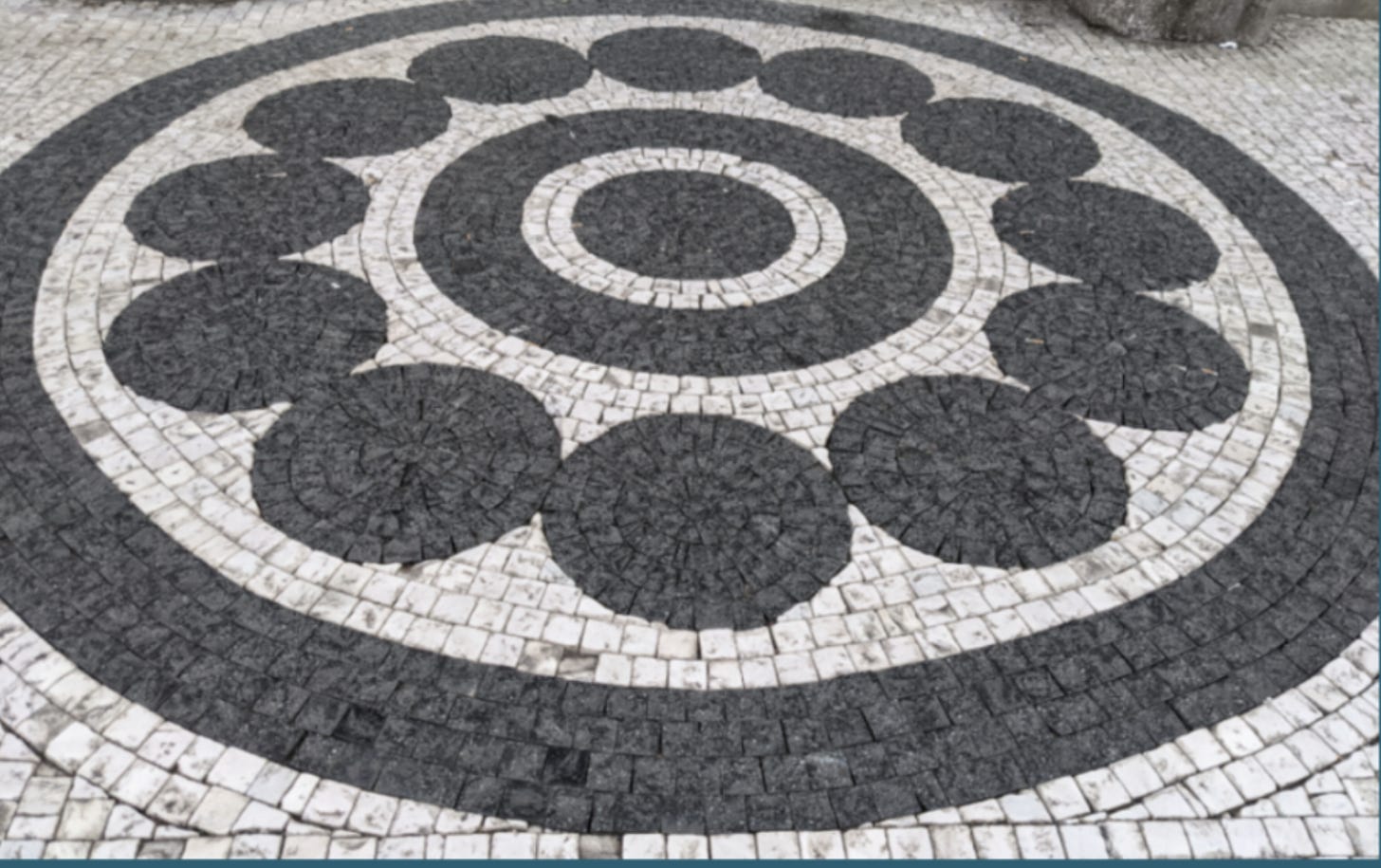 A typical cobblestone design in Prague featuring circles within circles. 
