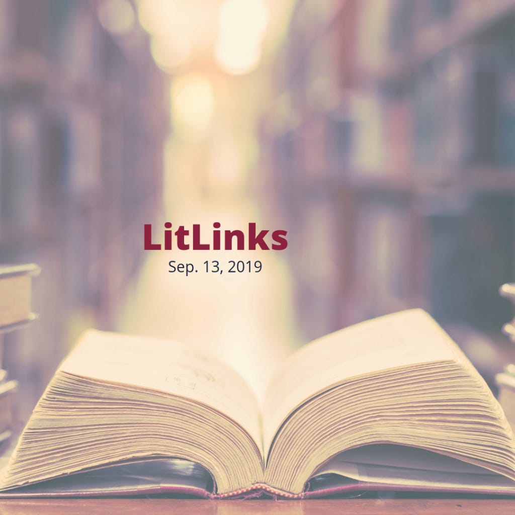 An open book on a table below the words, LitLinks: Sep. 13, 2019