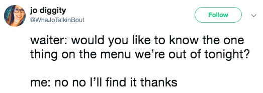 Screenshot of a funny tweet about menus