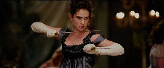 Elizabeth Bennet (Lily James) does battle with the undead while sorting out her complicated romances in "Pride and Prejudice and Zombies," a 2016 Lionsgate adaptation of Jane Austen and Seth Grahame-Smith's book.