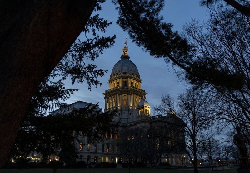 A three-judge panel on Dec. 9, 2021, heard arguments presented by an attorney representing the Illinois legislature’s Democratic majority on a legislative map case. Here the Illinois State Capitol is seen on Jan. 13, 2021, in Springfield.