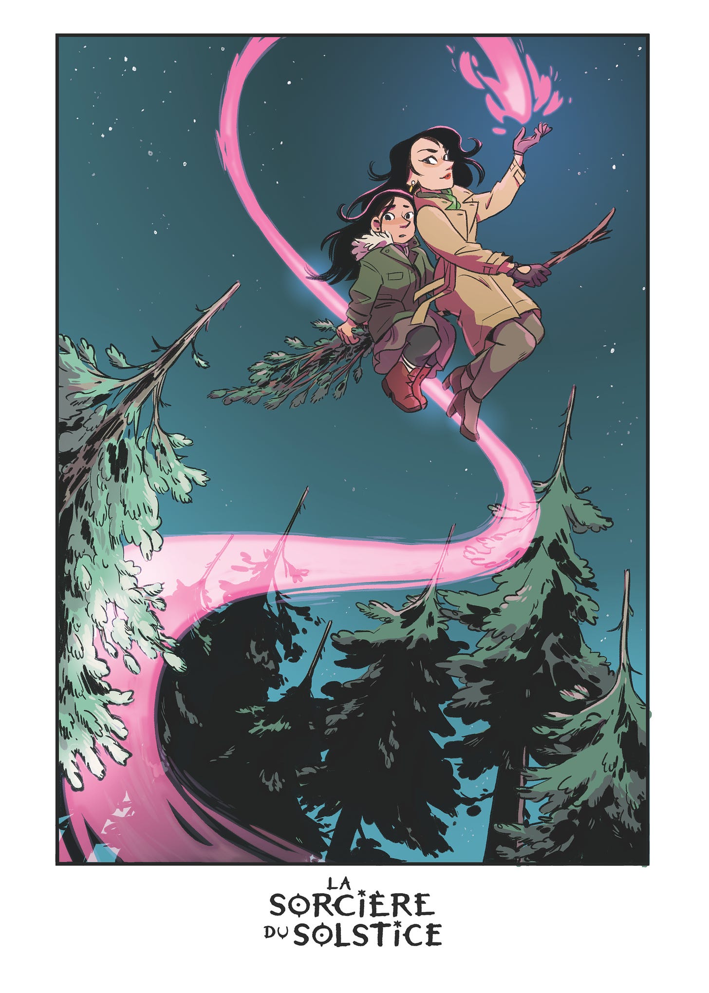 an illustration of Ariel, from the Midwinter Witch, being kidnapped on a broomstick by her aunt