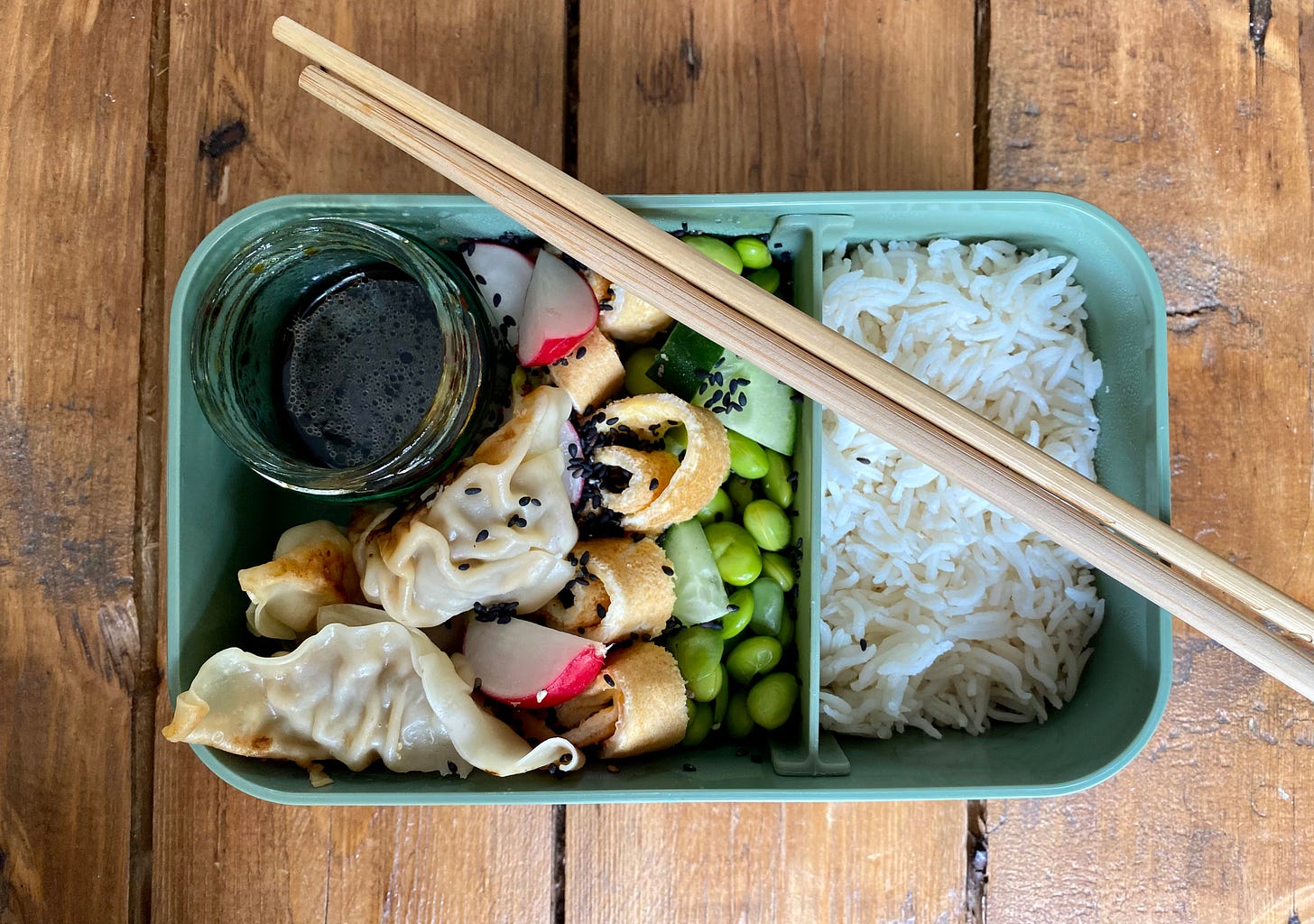 Bento box lunchbox with gyoza, rice, dipping sauce, radishes, and cucumber and edamame