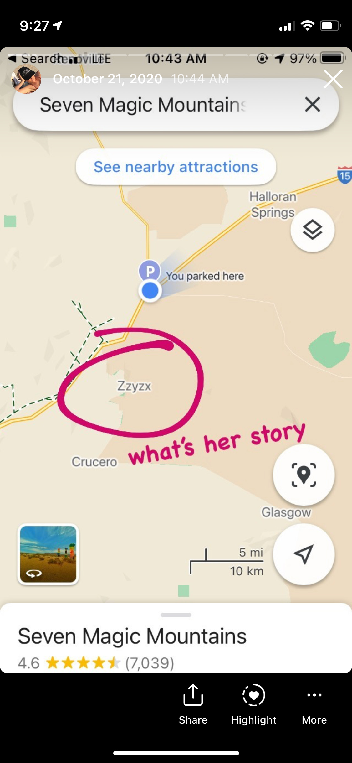 Instagram story of a screenshot of Google Maps with Zzyzx circled, captioned "what's her story"