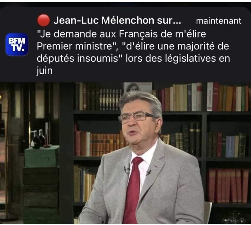Peut être une image de 1 personne et texte qui dit ’BFM TV. Jean-Luc Mélenchon sur... maintenant "Je demande aux Français de m'élire Premier ministre", "d'élire une majorité de députés insoumis" lors des législatives en juin’