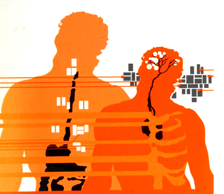 Two men, one large and one small, in orange silhouette are surrounded by punch card marks; the larger male's body has punchcard holes in it while the smaller figure's brain stem is surrounded by cubes. 
