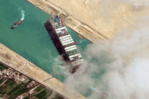 A view shows Ever Given container ship in Suez Canal in this Maxar Technologies satellite image taken on March 29, 2021.