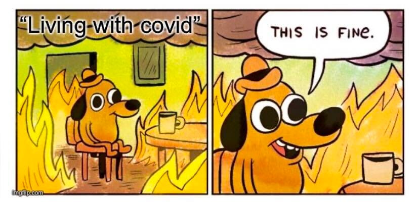 This is fine dog meme dog sitting in the burning room and the caption reads quote living with covid unquote. the second panel is the dog saying this is fine