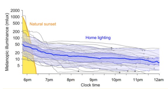 graphic showing how light at night in the home artificially extends the sunset experience