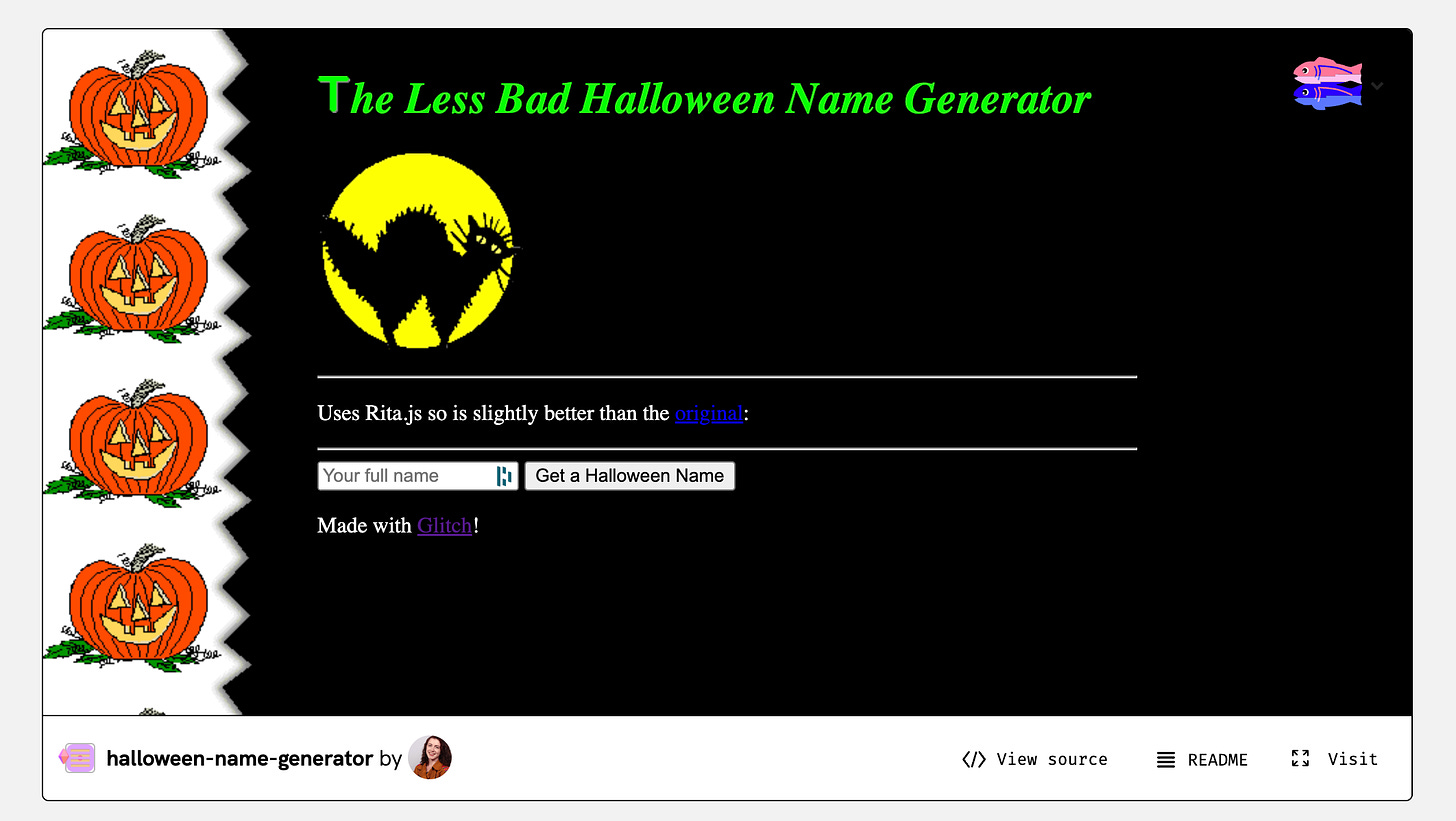 The Less Bad Halloween Name Generator is a website with a black background and the title in neon green. To the left, there is a column with 4 jack-o-lanterns on a white background. Under the title is the silhouette of a black cat against a full, yellow moon. The input field is for your full name, and the button reads “Get a Halloween Name”
