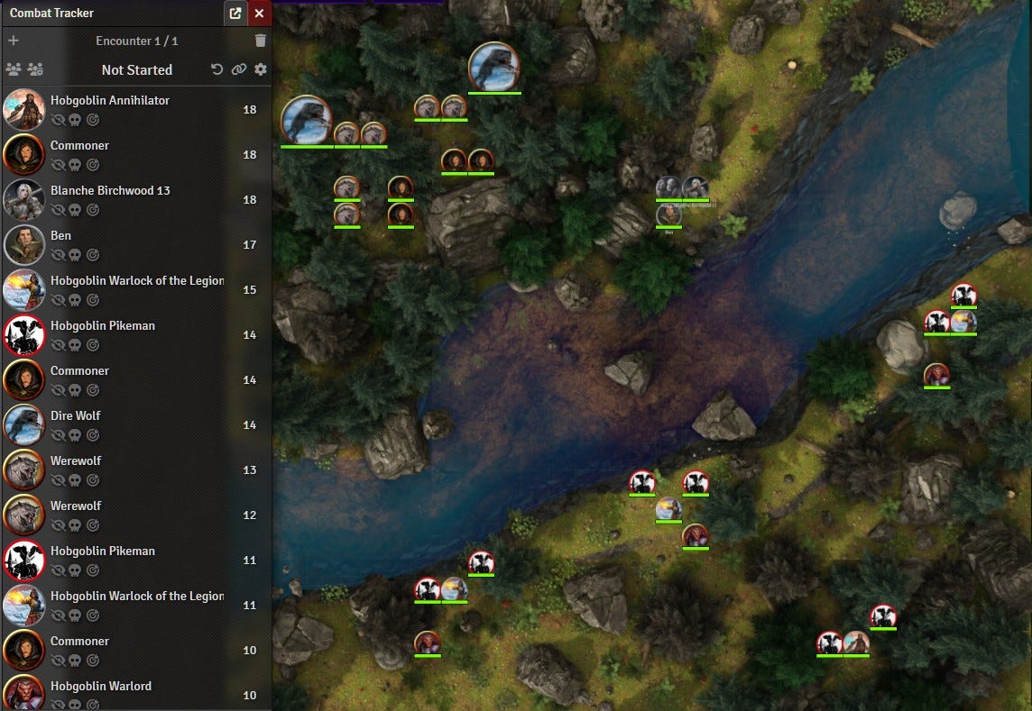 A screenshot of a battlemap on Foundry. The map is a stream running through a forest with wolves and commoners on one side of the stream and hobgoblin squads on the other. There is an initiative tracker on the left showing the combatants.