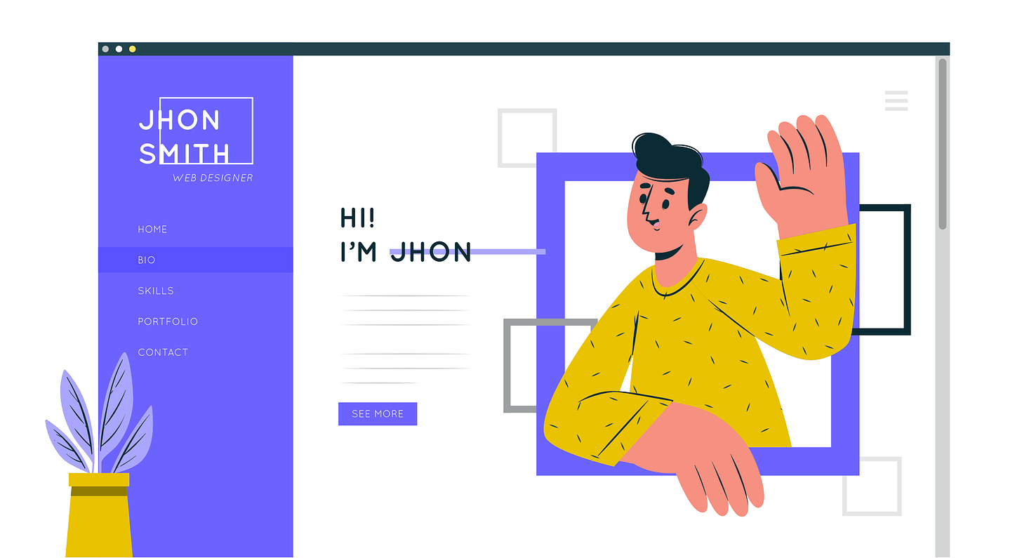 An image depicts a portfolio site of a fictional designer named "Jhon Smith," which showcases the designer's friendly personality