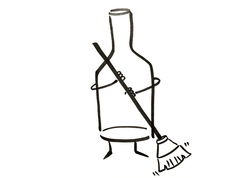 An anthropomorphic wine bottle sweeping the floor