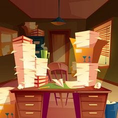 This contains an image of: Free Vector | Piles of paper in empty office, paperwork, folders, documents in boxes