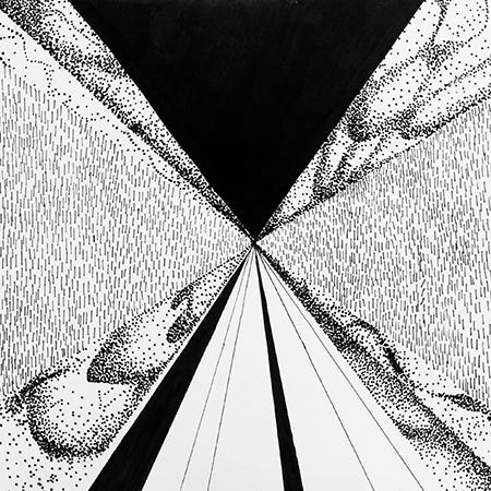 Black and white line drawing by Miju Han, diagonal lines converging at the center as if it was the horizon. Titled “What else is seen.”