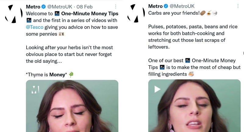 Two of Metro’s ‘one-minute money tips’. 1) Freeze your fresh herbs. 2) Eat more carbs instead of protein. Presumably 3 would be ‘Batch cook your gruel into easy use portions’. Eyeliner is definitely on point though.