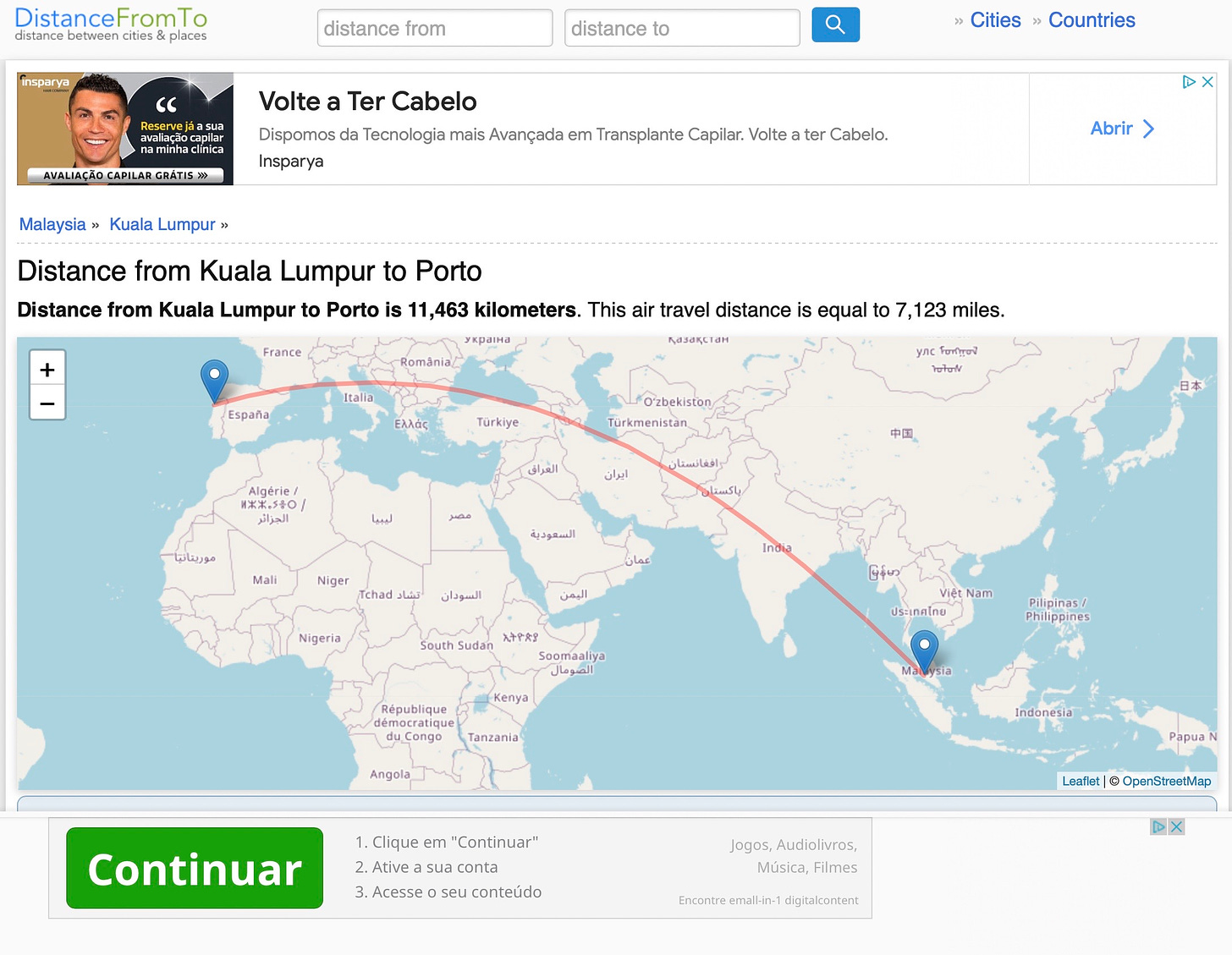 image: screenshot of map showing distance between Kuala Lumpur to Portugal