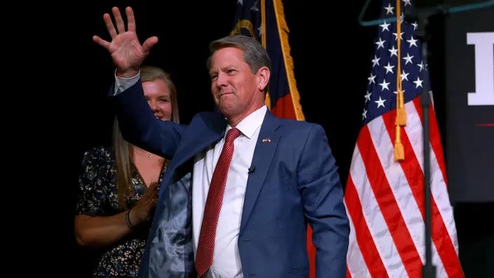 Republican gubernatorial candidate Gov. Brian Kemp waves during his primary night election party on May 24, 2022 in Atlanta after defeating former U.S. Sen. David Perdue in the primary as he bids for a second term as governor. <span class="copyright">Joe Raedle/Getty Images</span>