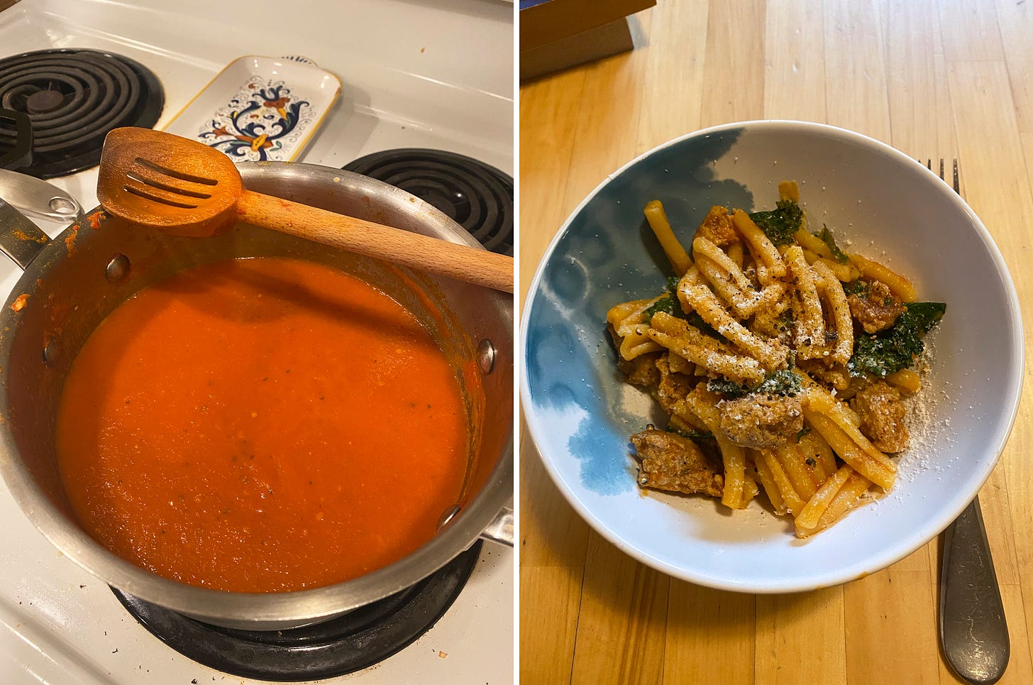left image: a big pot of tomato sauce on top of the stove, with a wooden spoon resting at its edge. right image: a bowl of casarecce in a meaty sauce with kale.