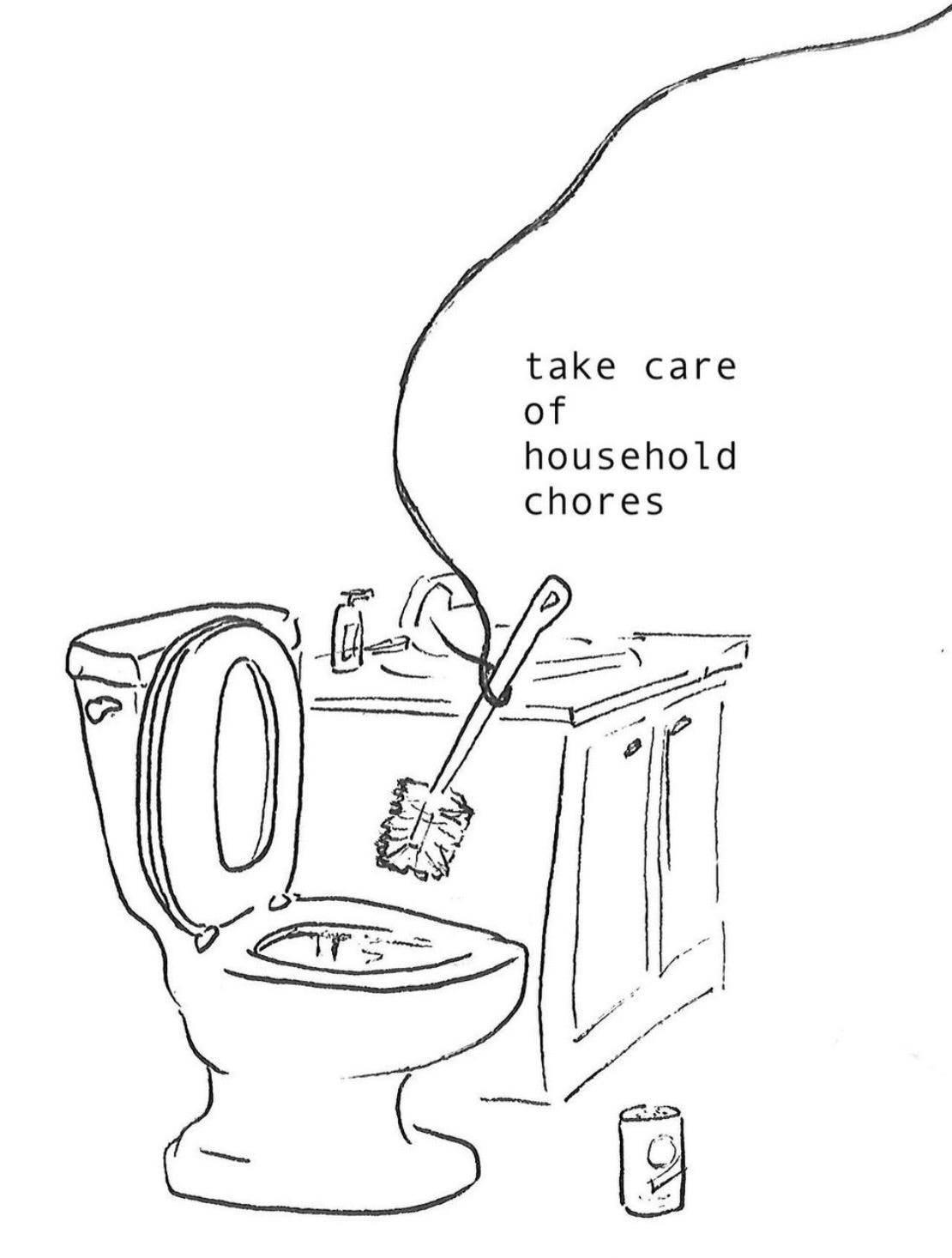 "take care of household chores"  the hair holds a toilet brush over the toilet, with a can of comet sitting next to it. A bathroom sink is in the background. 