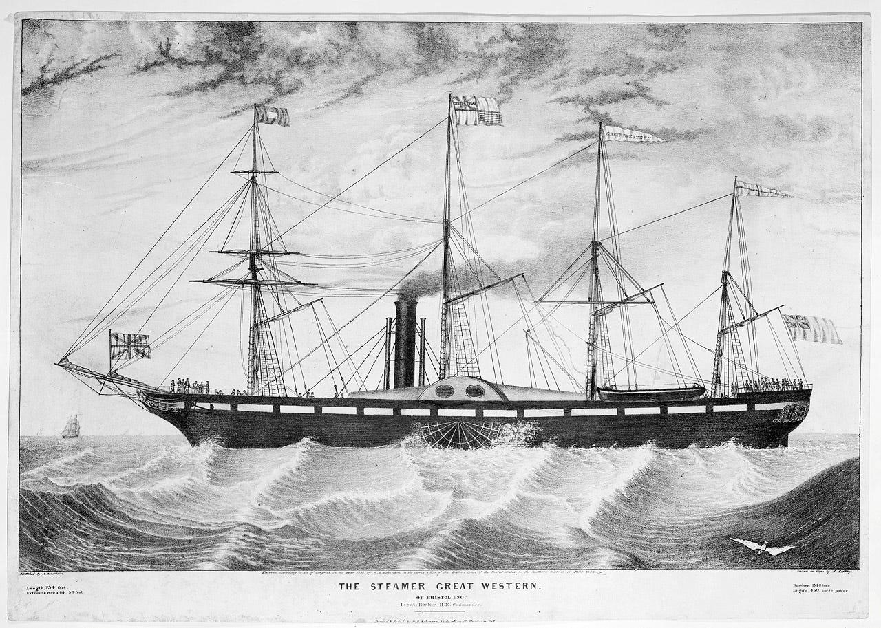 Early steamship with sails