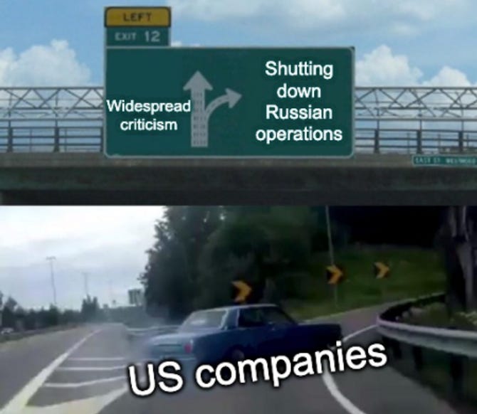 A meme showing US companies shutting down Russian operations