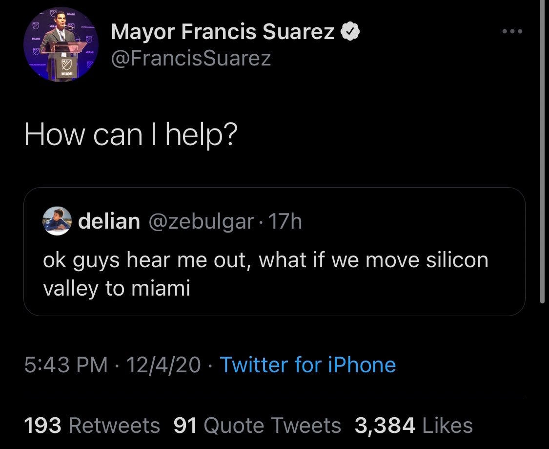 Mayor Francis Suarez on Twitter: &quot;...and enjoy our nice beaches, low taxes  and crime, art culture and sports teams.… &quot;