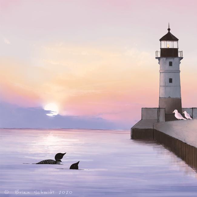 Duluth North Pier Lighthouse - Birds at Sunrise Art Print– Lower Woodland  Studio