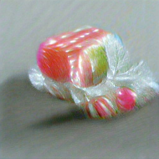 Some kind of pink and green striped hard candy nestled in cellophane