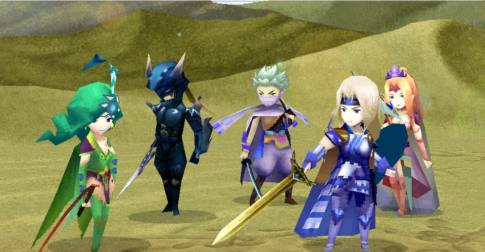 A look at the eventual final five-person party, from left to right: Rydia, Kane, Edge, Cecil, and Rosa, all shown in in their in-game character models after a battle.