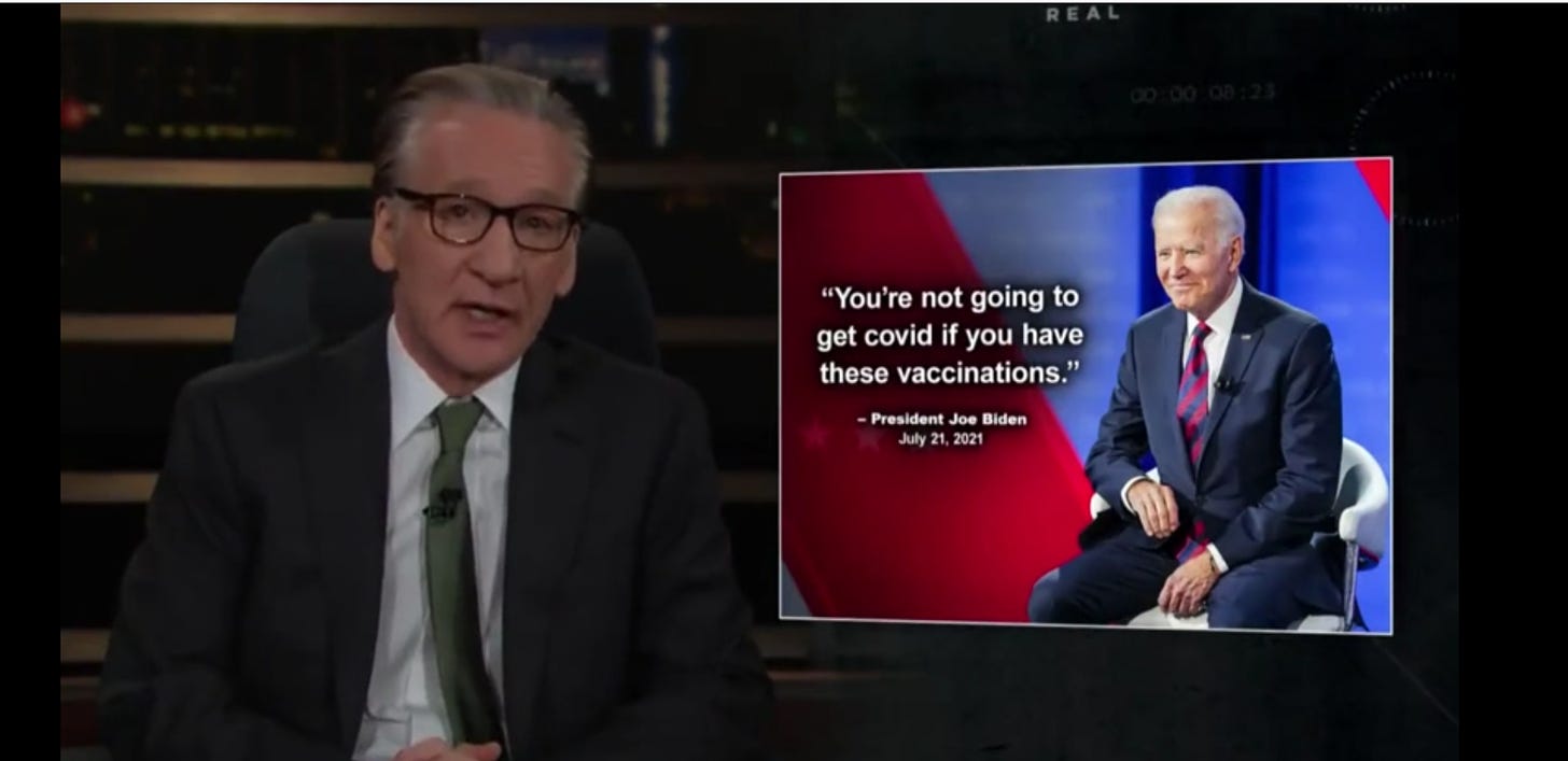 Bill Maher dan screenshot video biden saat menyatakan vaksinasi bekerja 100%