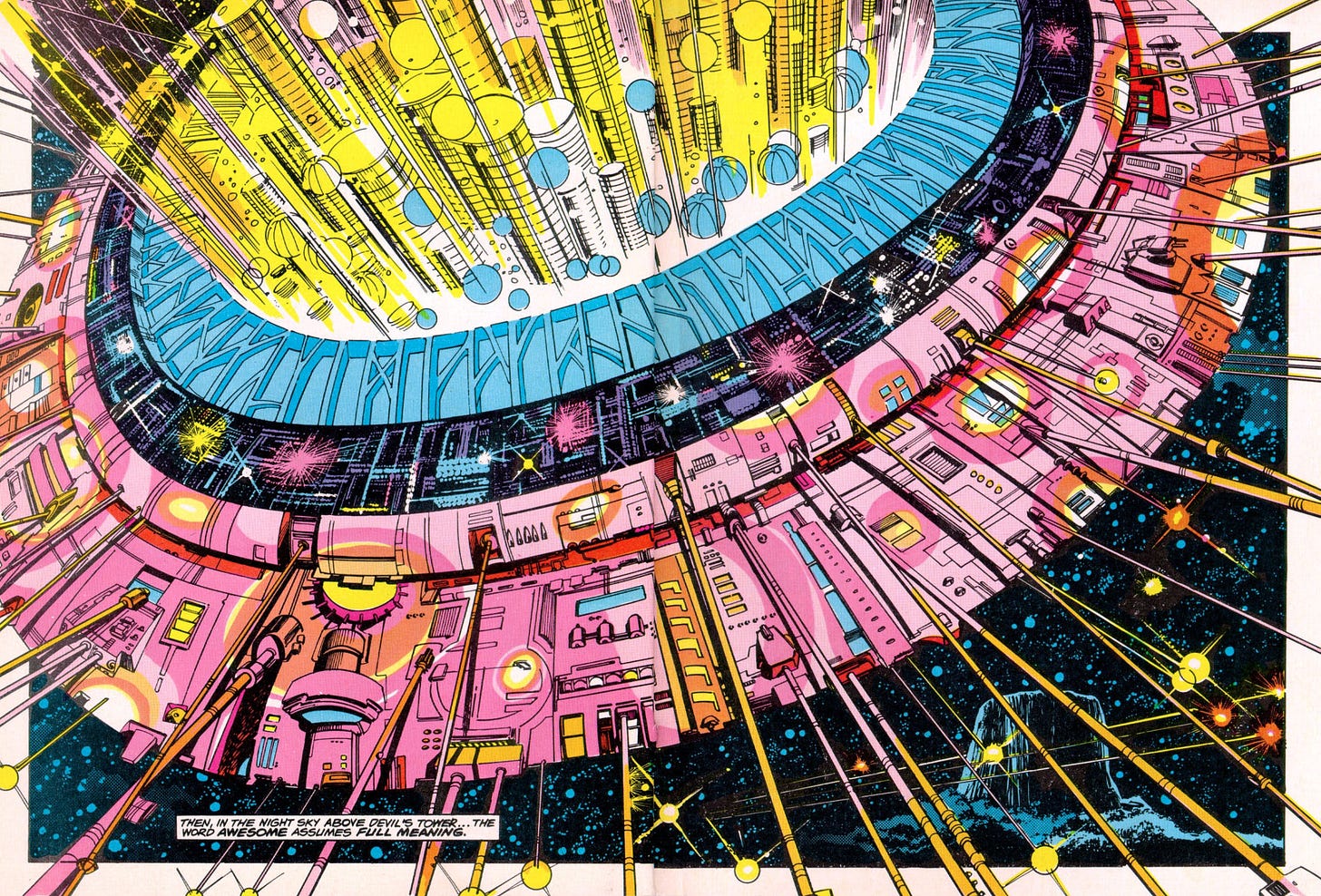 Double splash page of a huge flying saucer, yellow, blue, and pink in color, with Devil's Tower and the night sky in the background