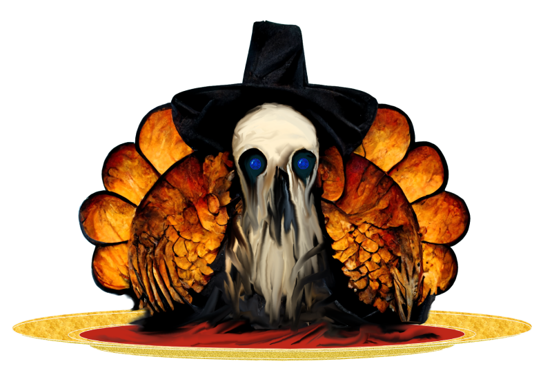 Surrealistic skeleton head; it appears to be melting. It has blue eyeballs and a black capotain hat. It has the body of a turkey, with orange-red feathers, and is seen from the breast up, in a gold serving dish filled with blood.