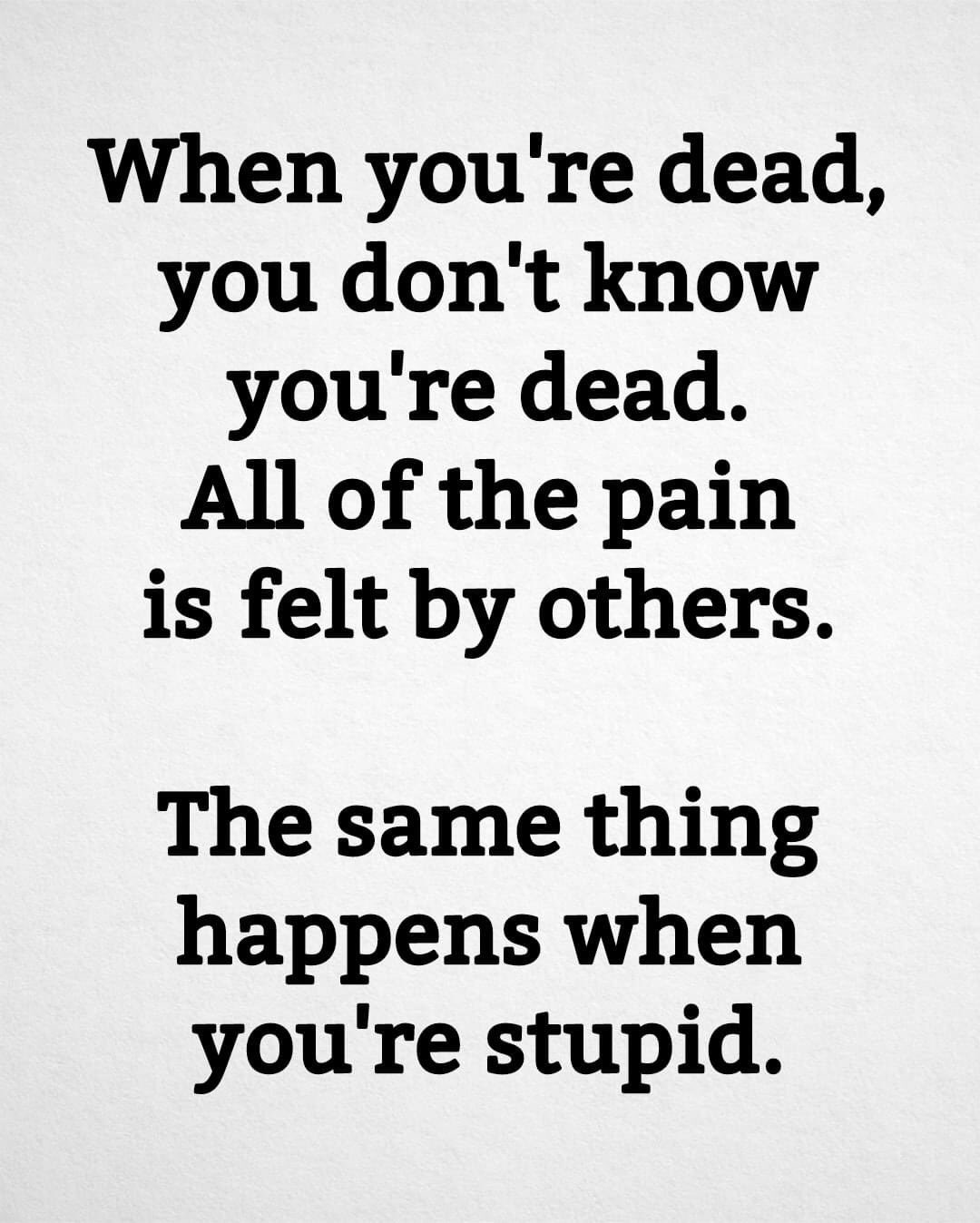 May be an image of text that says 'When you're dead, you don't know you're dead. All of the pain is felt by others. The same thing happens when you're stupid.'