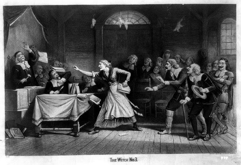 Salem witch trials: an accused witch uses her magic to throw books at the judges