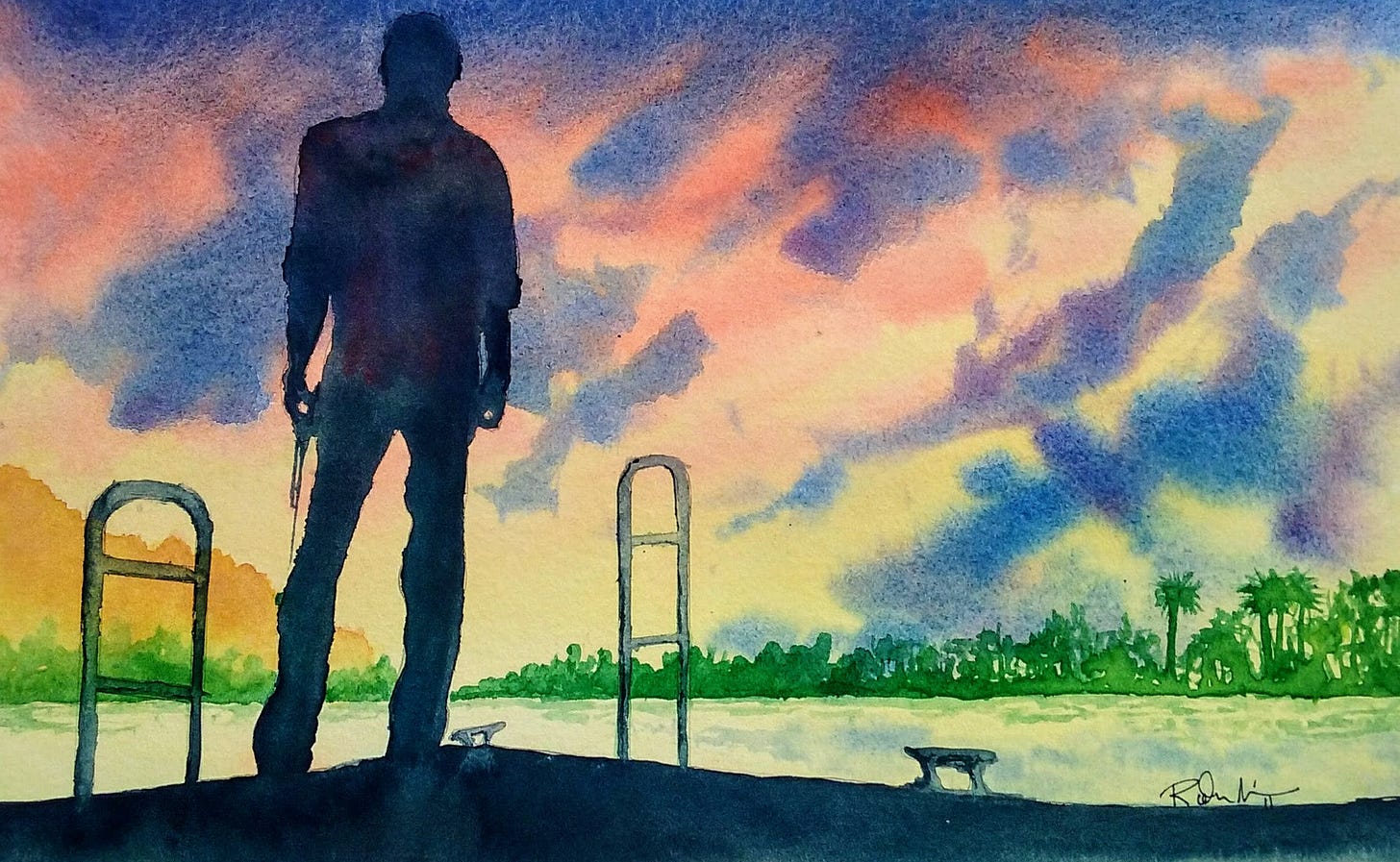 Watercolor illustration of Anthony Bourdain looking over a pier