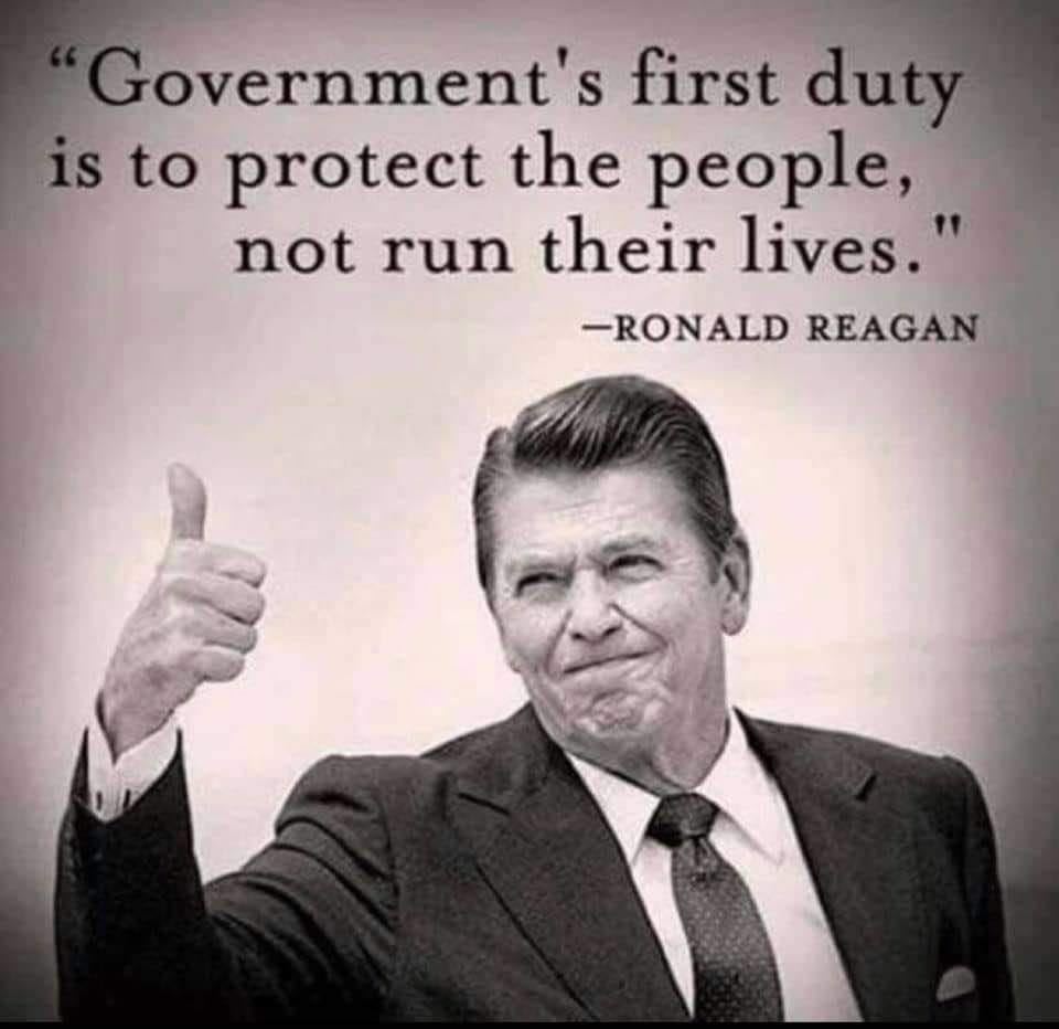 May be an image of 1 person and text that says 'Government's first duty is to protect the people, not run their lives." -RONALD REAGAN'