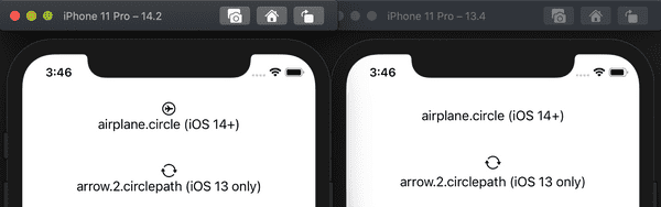 iOS 13 and 14 side-by-side comparison of a sample app showing two symbols, one of which shows only in the iOS 14 app.