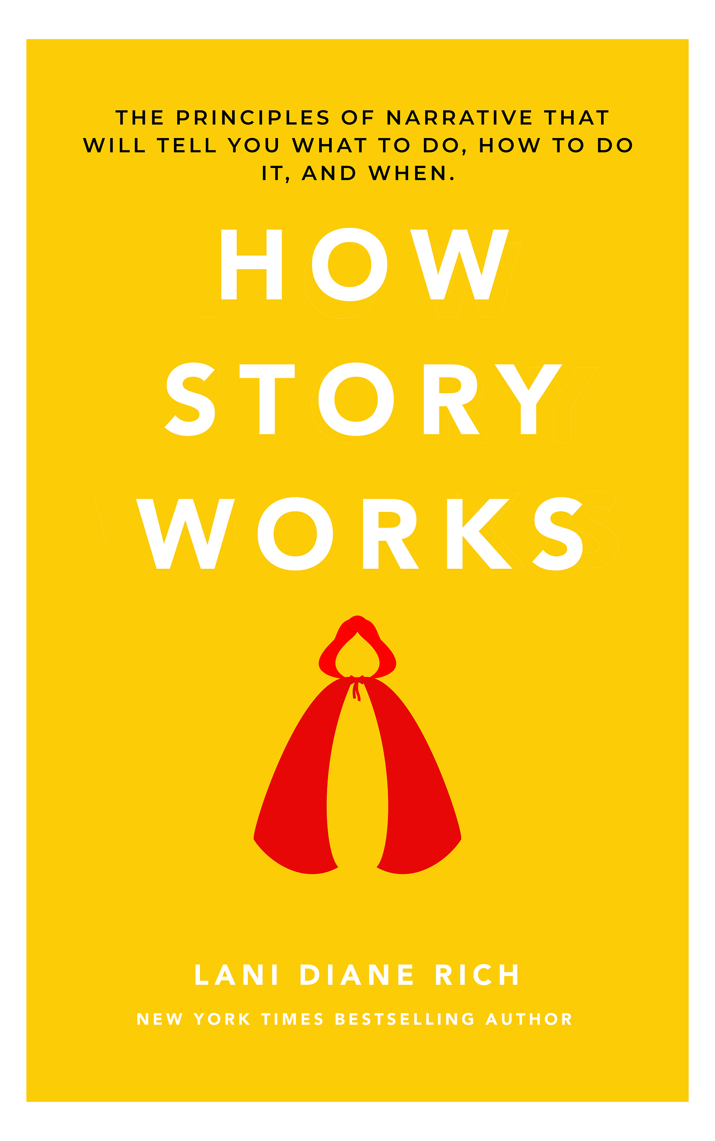 Yellow cover with clip art of Little Red Riding Hood's little red riding hood. The text reads "How Story Works: The Principles of narrative that will tell you what do, how to do it, and when." I'm probably going to change that. It's really just placeholder text. Also... he sunshine! How are you?