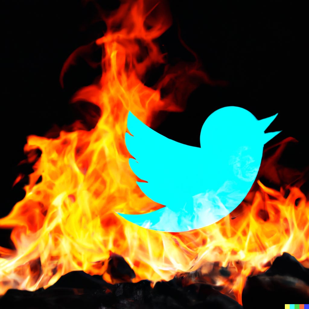 “Twitter logo on fire” / DALL-E