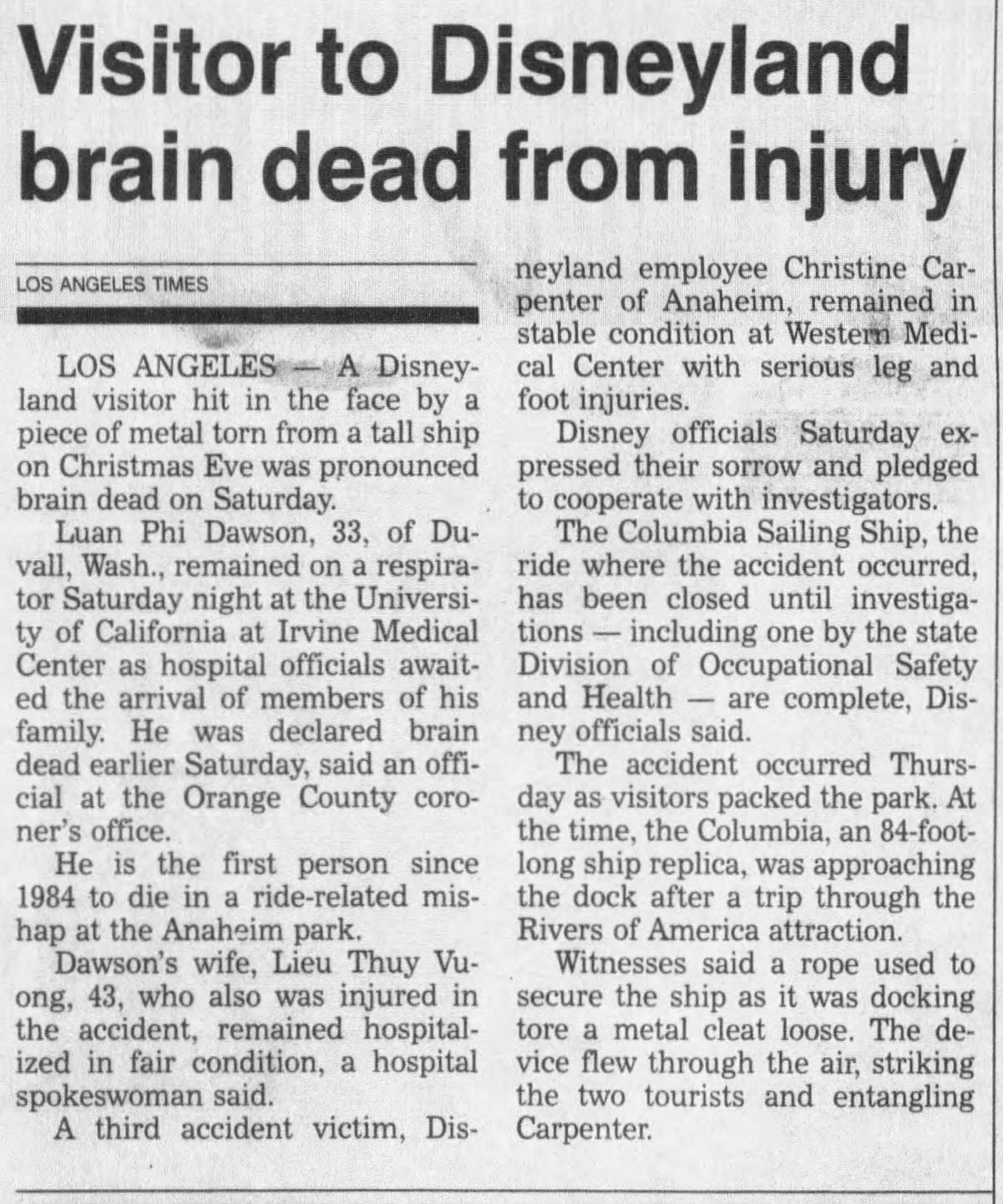 Visitor to Disneyland brain dead from injury