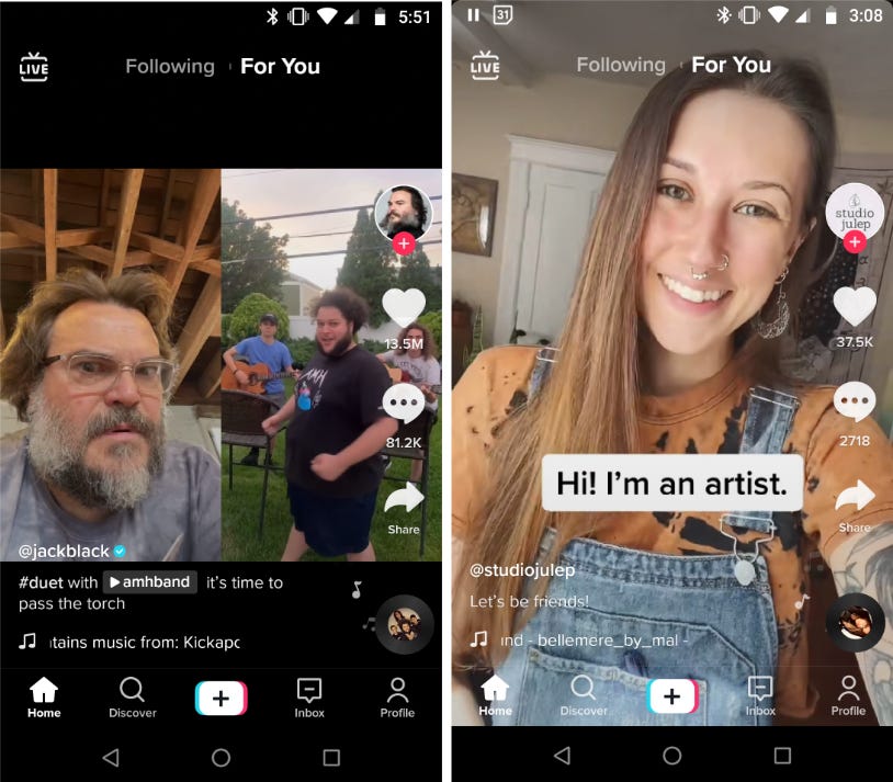 Two TikTok screenshots side-by-side: Jack Black duet with a fan on the left a woman woman with the text 'Hi! I'm an artist' on the right
