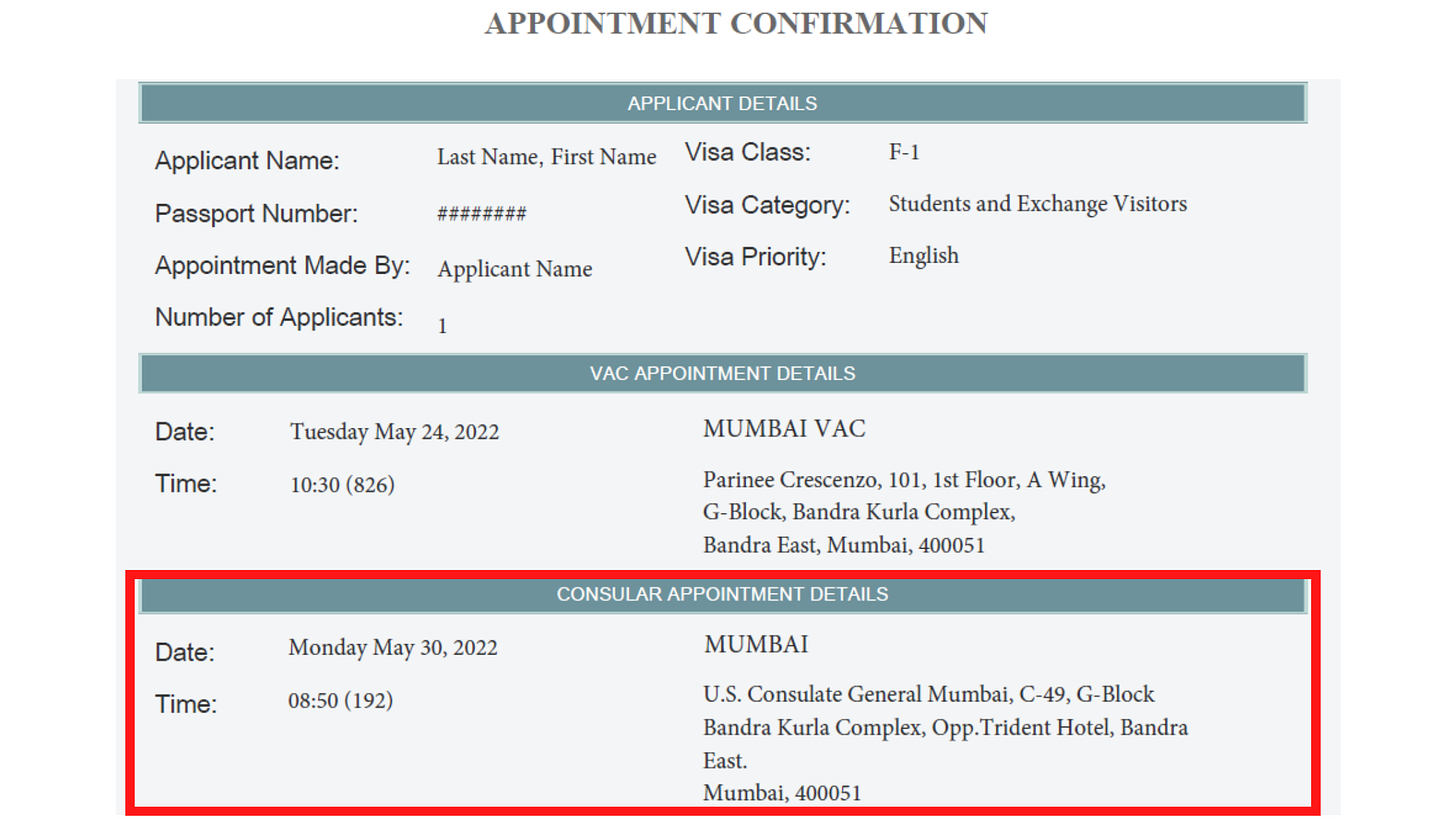 F-1 Visa Appointment Confirmation Page