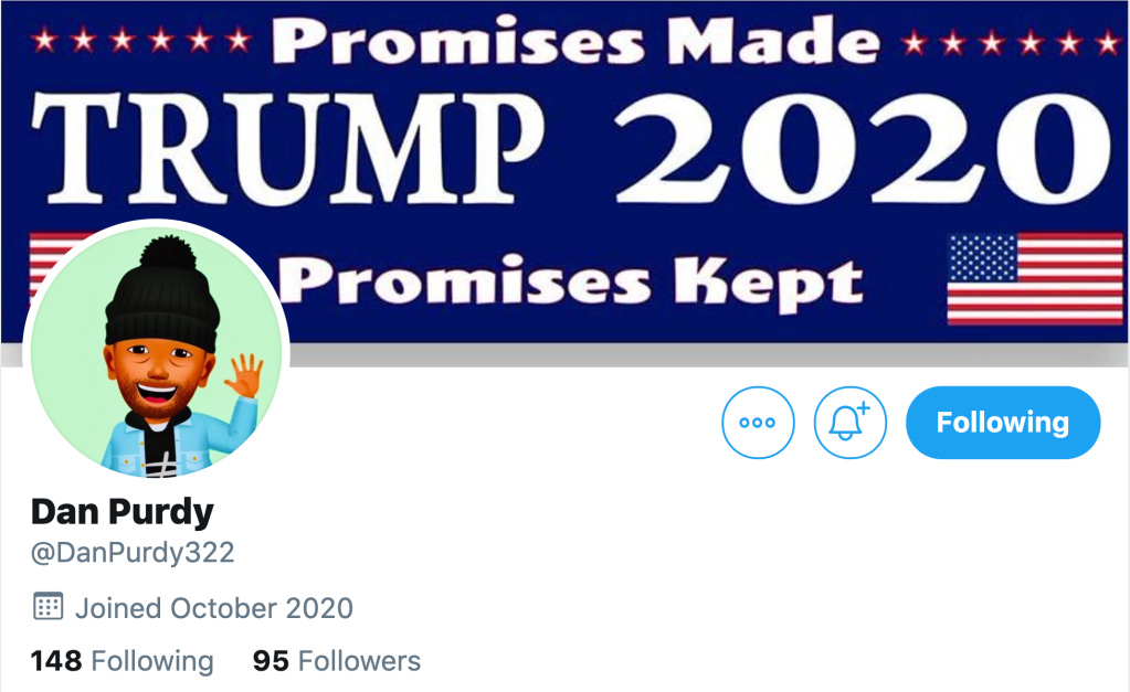 A screenshot of the Twitter account @DanPurdy322 with an animated avatar of a Black person and a banner image that says, "Promises Made, Trump 2020, Promises Kept"