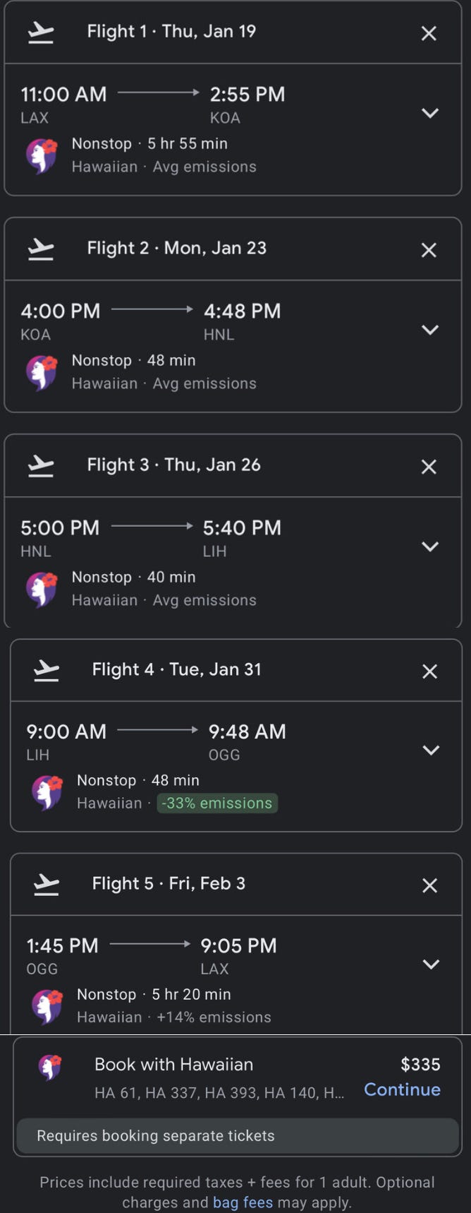 Screen shot o fHawaiian Dream Trip prices  With 4 Island Hopper Flights For $335