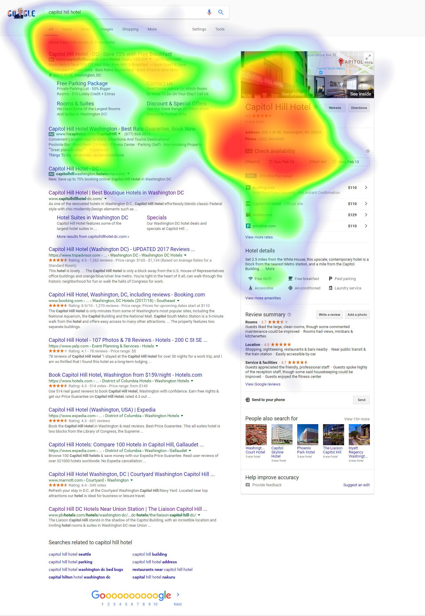 Amostra de eye tracking de usuário vendo uma página de busca do Google, em forma de mapa de calor. Os pontos mais quentes são onde o olhar está mais presente.